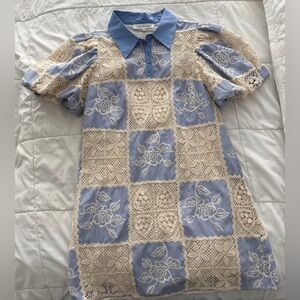 Blue & Cream Embroidered Stripe Women's Dress